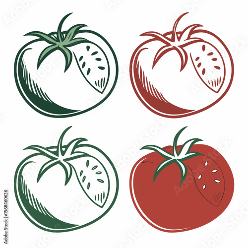 Red, ripe tomatoes with green leaves, a fresh and healthy fruit illustration