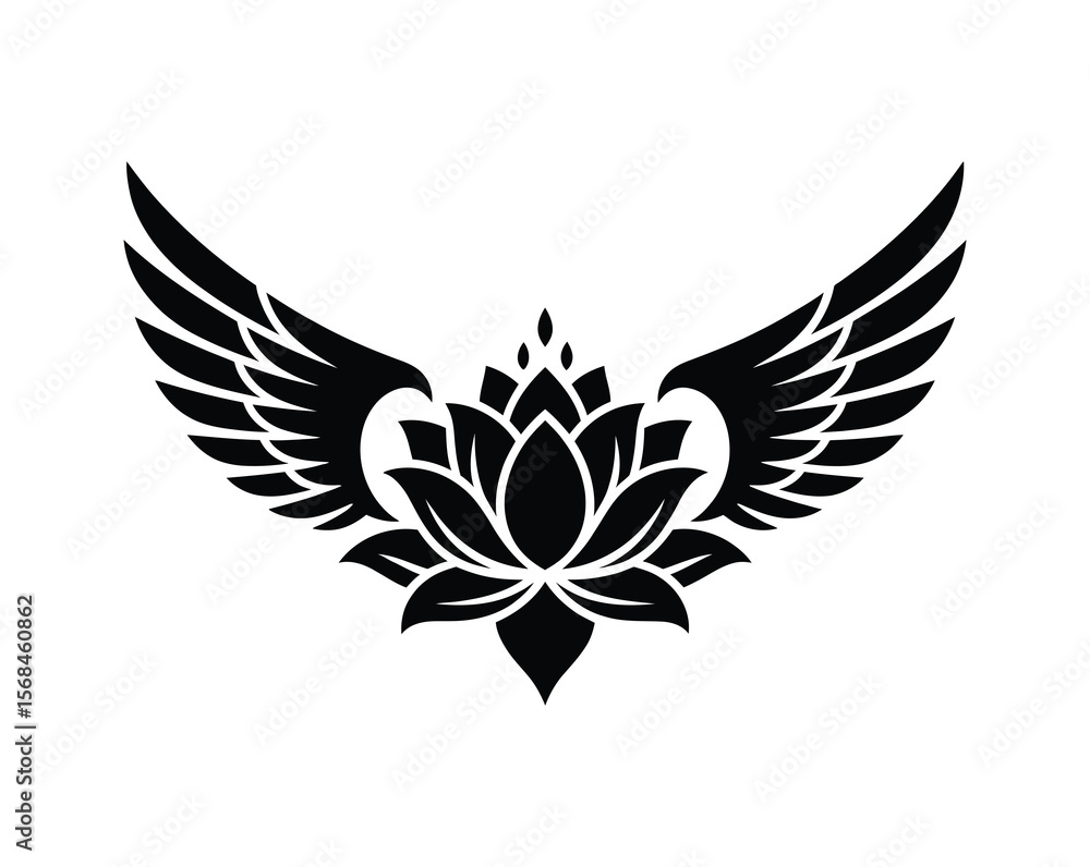 Obraz premium Black and White Tribal Tattoo of Lotus and Wings – Geometric Symmetrical Design