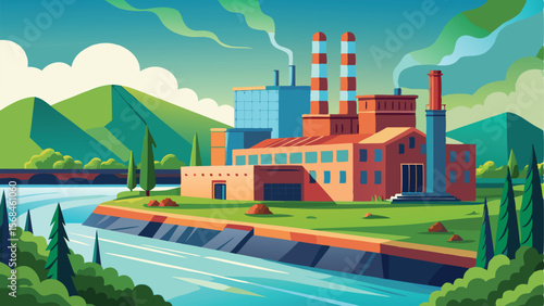Colorful Cartoon Illustration of a Riverside Factory with Mountains and Flowing Smoke