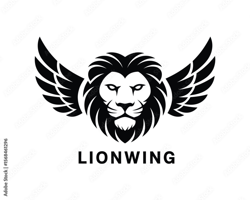 Obraz premium Minimalist Lion Head with Wings Logo – Black and White Tribal Vector Design