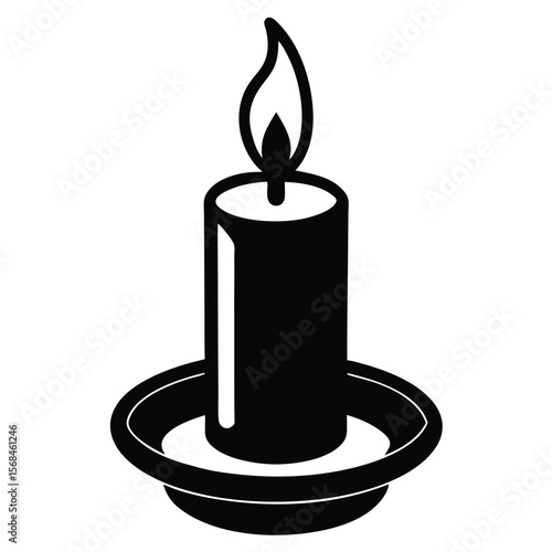 Black silhouette of a lit candle in a holder burning flame