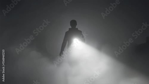 Silhouette of a person holding a flashlight in dense fog, creating a mysterious and dramatic scene