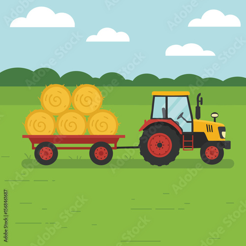 Tractor pulling trailer loaded with hay bales on green farmland under blue sky vector illustration
