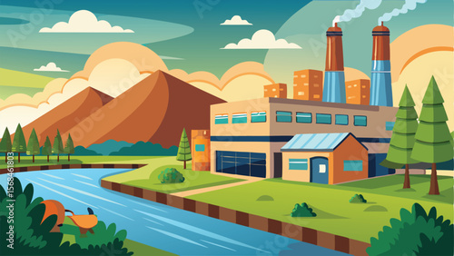Cartoon Factory Landscape with River, Mountains, Trees, Clouds, and Fox Illustration