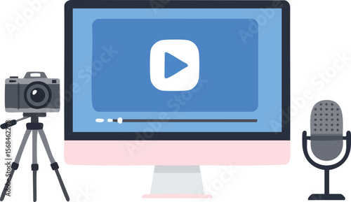 Video content creation setup with camera microphone and monitor for streaming and recording