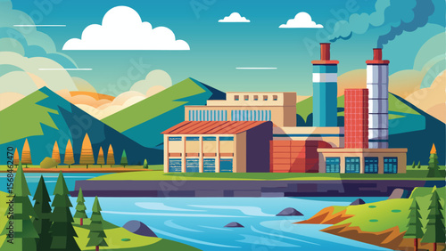 Cartoon Illustration of Industrial Complex with Mountains, River, and Trees Landscape Scene