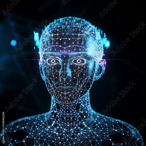 Ultra HD footage of AI human like robot having dots connections and rays with different angles