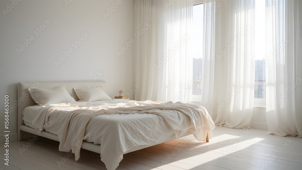 Fototapeta premium interior of a white bedroom with white curtain window and natural light coming through