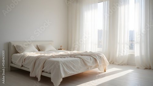 interior of a white bedroom with white curtain window and natural light coming through