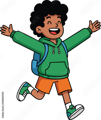 Happy smiling boy running with backpack wearing green hoodie and orange shorts cheerful active child playtime vector illustration