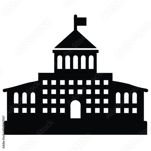 Grand building with arched windows and a flag architecture government