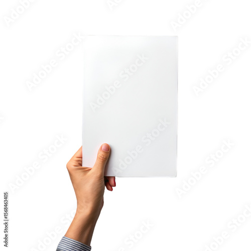 Hand holding a blank paper sheet perfectly isolated on transparent background for mockup usage
