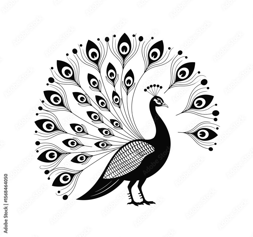 Fototapeta premium Elegant Black and White Peacock Silhouette Illustration