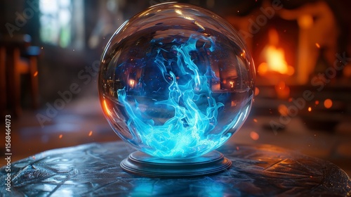 Wallpaper Mural A clear orb shows swirling bright blue energy on a table, with fireplace background Torontodigital.ca