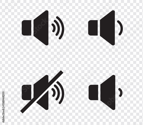 Sound volume icons set with different signal levels on white background. Аn icon that increases and reduces the sound. Sound icon, volume symbol, speaker sign, audio control icon set.