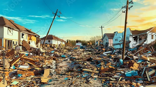 Cartoon style depiction of a street devastated by a natural disaster with rubble and damaged houses under a bright sky
