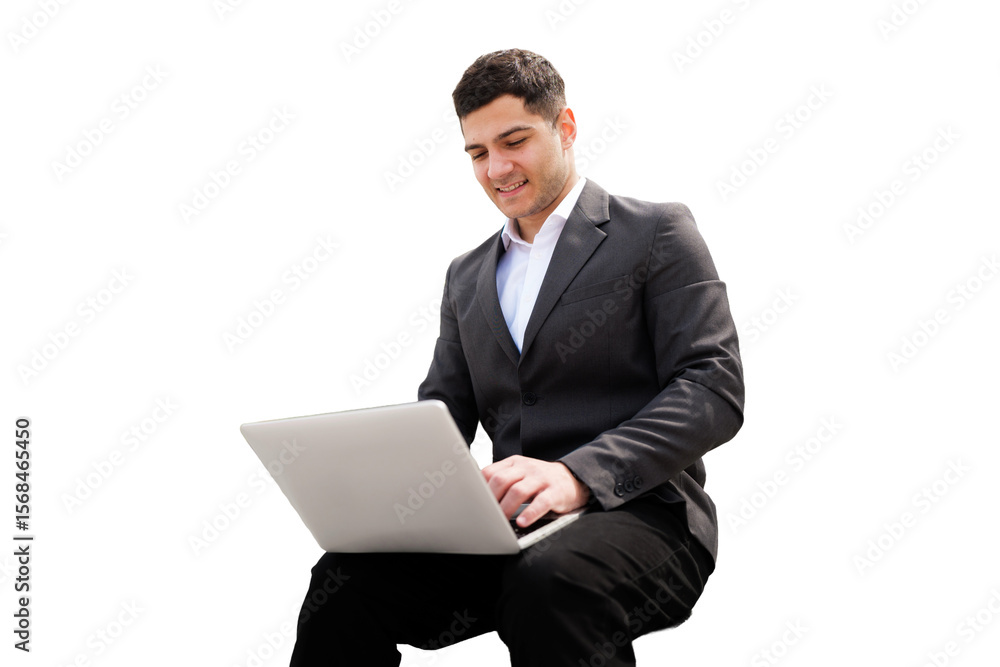 Man in a suit working on a laptop outdoors with a bright and clean background during Man in a suit working on a laptop outdoors with a bright and clean background during