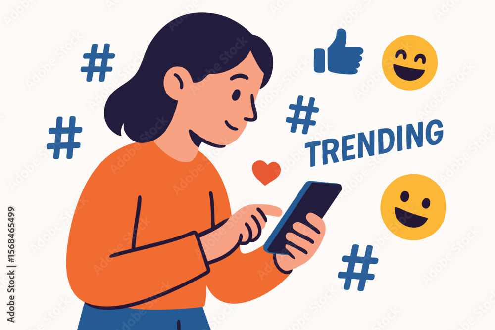 Flat vector character scrolling on smartphone surrounded by trending hashtags and emojis, social media trend, isolated on white Flat vector character scrolling on smartphone surrounded by trending hashtags and emojis, social media trend, isolated on white