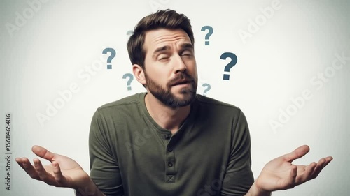Man shrugs, surrounded by question marks, expressing uncertainty, confusion, and indecision