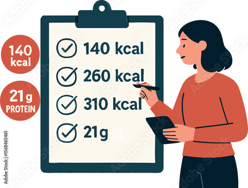Flat vector character planning grocery list with calorie values and protein intake marked, isolated on white