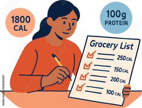 Flat vector character planning grocery list with calorie values and protein intake marked, isolated on white