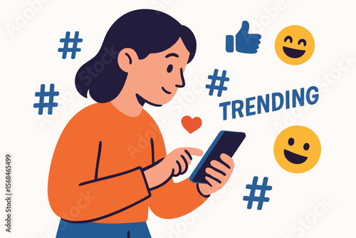 Flat vector character scrolling on smartphone surrounded by trending hashtags and emojis, social media trend, isolated on white