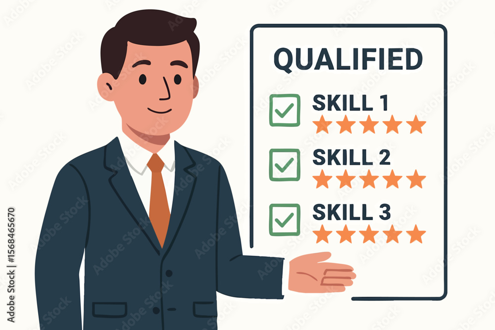 Flat vector character with checklist of skills and stars beside each one, qualified profile, isolated on white Flat vector character with checklist of skills and stars beside each one, qualified profile, isolated on white