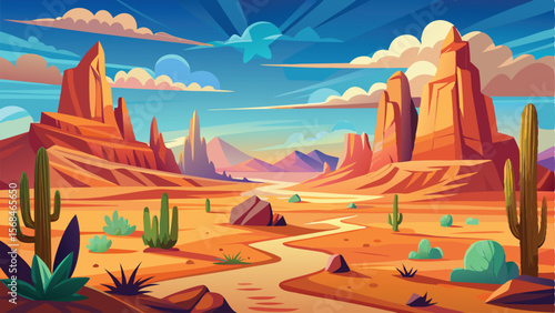 Cartoon Desert Landscape Illustration Sandstone Buttes, Cacti, and Flowing River Under Sky