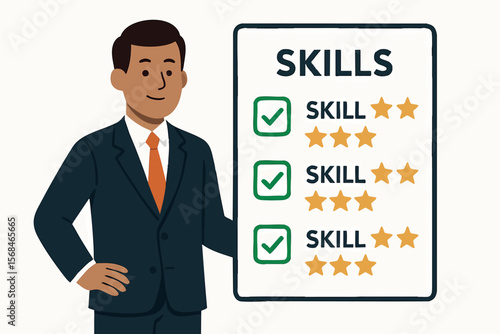 Flat vector character with checklist of skills and stars beside each one, qualified profile, isolated on white