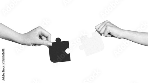 Modern collage two hands connect puzzle pieces. Teamwork concept, business idea, brainstorming. Creative solution. Merger of organizations. Partnership.