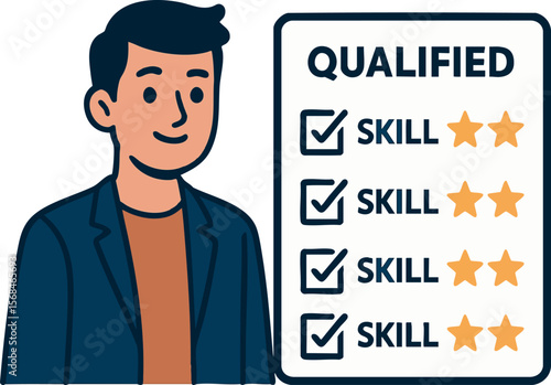 Flat vector character with checklist of skills and stars beside each one, qualified profile, isolated on white