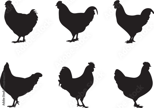 Silhouettes of various chickens and roosters, perfect for farm-themed designs.