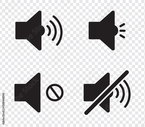 Speaker icon set with ring, mute, 50% volume, silent, increase and decrease symbol in circle in black white color stoke style
