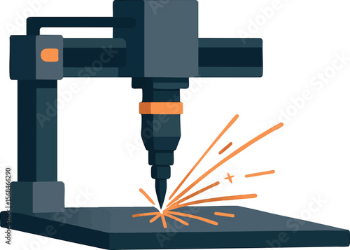 Flat vector CNC machine cutting metal sheet with sparks, precision manufacturing, isolated on white