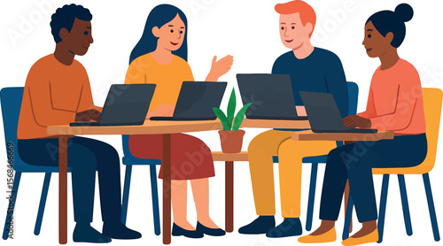 Flat vector coworking space with diverse team and laptops, collaborative work trend, isolated on white