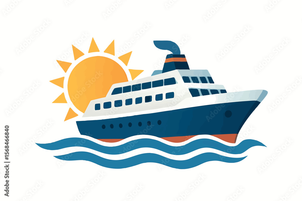 Flat vector cruise ship sailing with sun and waves behind, relaxing sea vacation, isolated on white Flat vector cruise ship sailing with sun and waves behind, relaxing sea vacation, isolated on white
