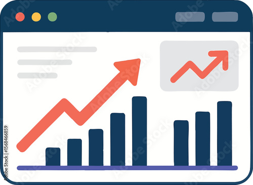 Flat vector dashboard screen with rising analytics, chart, and trending arrow, data trend concept, isolated on white