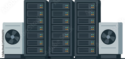 Flat vector data center with server racks and cooling units, digital infrastructure, isolated on white