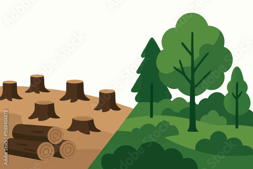 Flat vector deforestation scene with chopped trees on one side and green forest on other, contrast concept, isolated on white