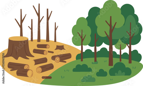 Flat vector deforestation scene with chopped trees on one side and green forest on other, contrast concept, isolated on white