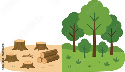 Flat vector deforestation scene with chopped trees on one side and green forest on other, contrast concept, isolated on white
