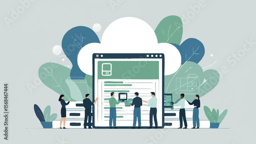 Flat business technology cloud server service storage backup concept with team working backup file in folder and development security system concept