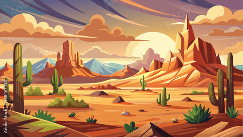Colorful Desert Landscape Illustration with Cacti, Mountains, and Dynamic Sky at Sunset