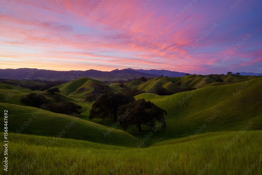 Fototapeta premium Landscape photography of rolling green hills at sunset with pink and purple sky view