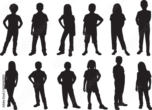 Silhouette children kids boys girls group standing together childhood art