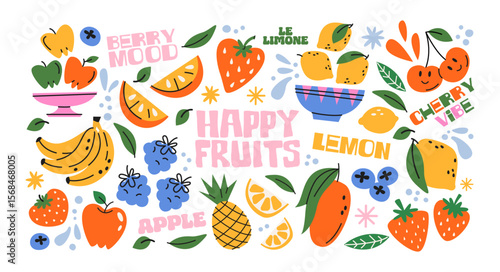 Fruits in retro cartoon style. Banana, orange, lemon, strawberry, colorful juicy elements, tropical vibe, 90s freshness aesthetic, illustration in retro cartoon style, trendy stickers