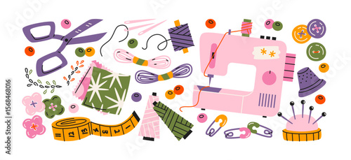 Sewing accessories stickers in retro cartoon style. Tools: sewing machine, scissors, pins. Illustration in funky, doodle style, trendy shapes set	