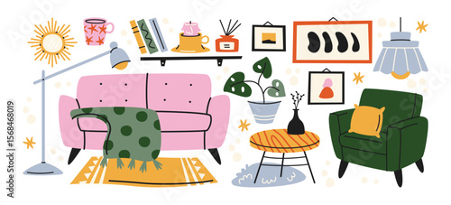 Cozy interior decor in retro cartoon style. Cartoon furniture: sofa, armchair, coffee table, lamp. Living room design with home accessories and hygge mood. Illustration in doodle style, trendy style