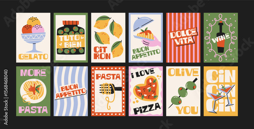 Abstract Italian summer posters in 90s style. Bright compositions: pizza, lemons, cocktails, seafood in cartoon trendy retro style. Decor for kitchens, cafes and restaurants. Minimalist wall banners