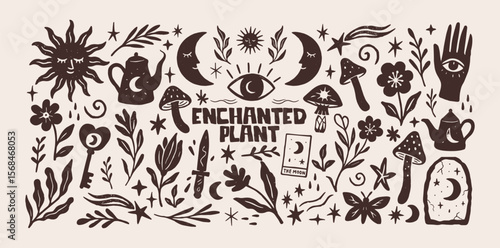 Mystical enchanted plant shapes in retro cartoon style. Folk witchy elements: eyes, hands, flowers, stars, moons, herbs, mushrooms and tarot symbols. Illustration in linear style, trendy stickers